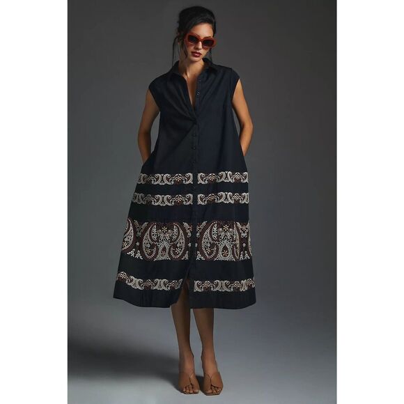 New Anthropologie Embroidered Midi Swing Black Shirt Dress Medium - Picture 7 of 13